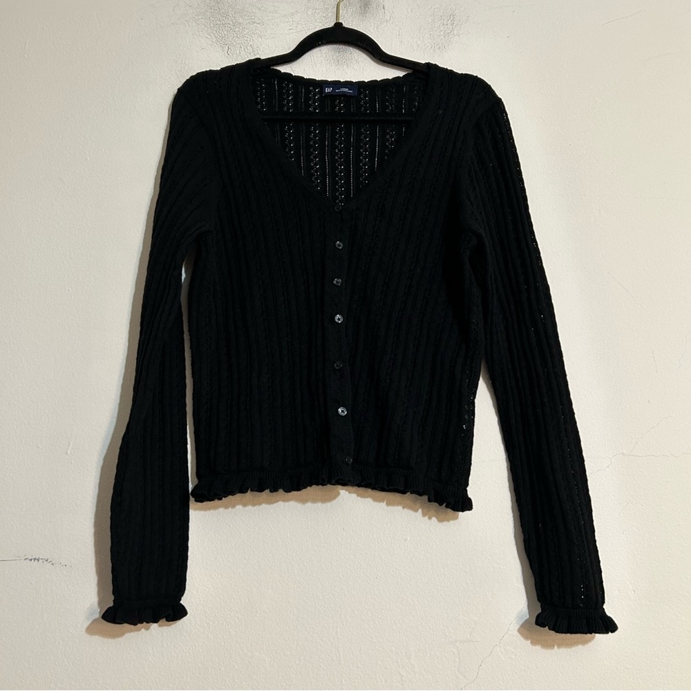 Gap 100% Cotton Pointelle Stitch Cardigan Sweater Ruffle Black Large Coquette